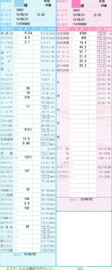 酵素ドリンクを飲みだして1年後（2013/8/31日）の検査結果
